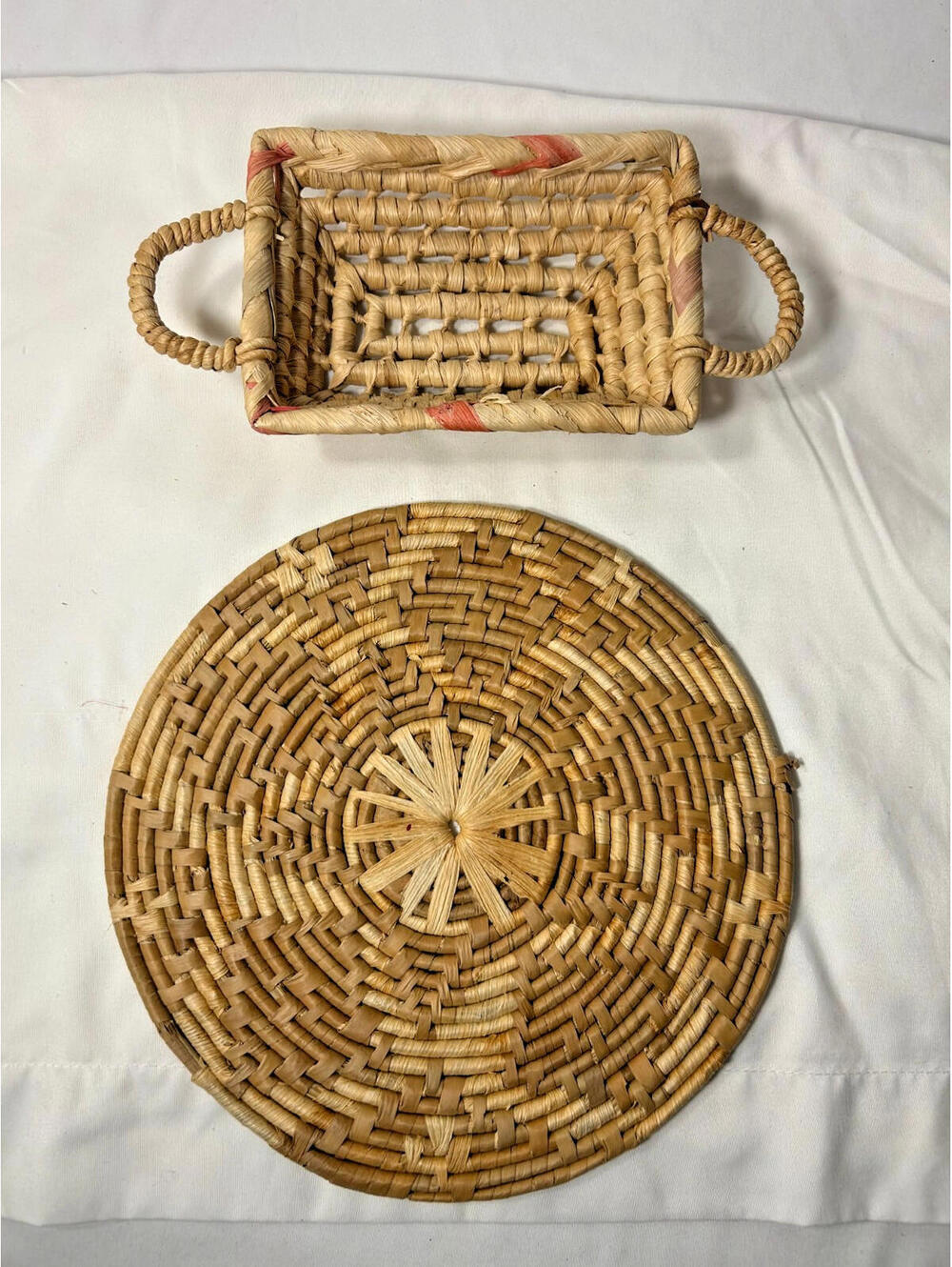 Vintage Handwoven Natural Fiber Trivet Placemat Basket Set Boho Decor